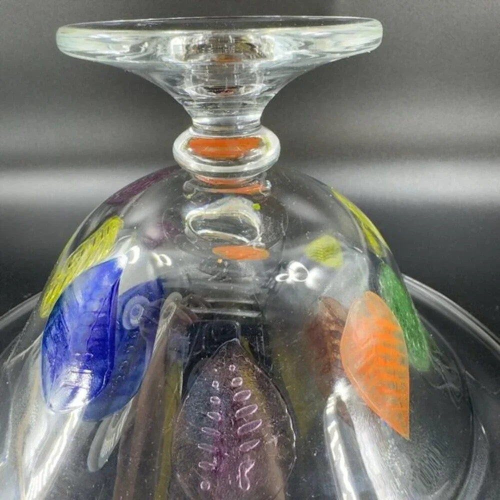 Dansk Burchetta Millefiori Leaf Design‎ Art Glass Crystal Pedestal Bowl Dish VTG